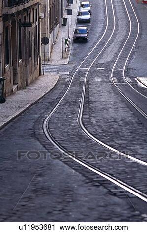 a Railway Line Taking Course Through a Street, High Angle View, Lisbon, Portugal View Large Photo Image Stock Image - a Railway Line Taking Course Through a Street, High Angle View, Lisbon, Portugal. Fotosearch