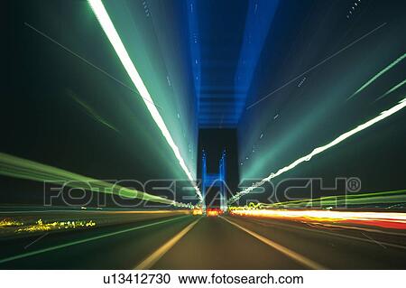 Stock Image -  the Illuminated Yokohama Bay Bridge at Night, Front View, Long Exposure, Blurred Motion, Yokohama City, Kanagawa Prefecture. Fotosearch