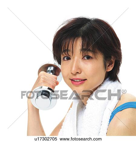 Stock Photography - A woman in Leotard exercising with a dumbbell, Front View, Side View. Fotosearch