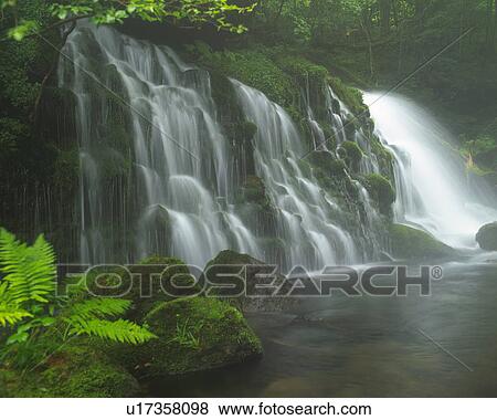 Stock Photo -  a Few Waterfalls Next to Each Other, Side View, Long Exposure, Soft Focus. Fotosearch