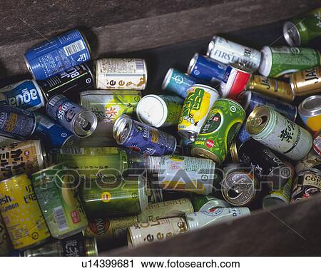 Stock Image - Aluminum cans for recycling, high angle view. Fotosearch