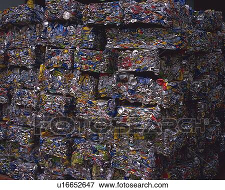 Stock Photo - Close up of crushed aluminum cans for recycling, high angle view, Full Frame. Fotosearch