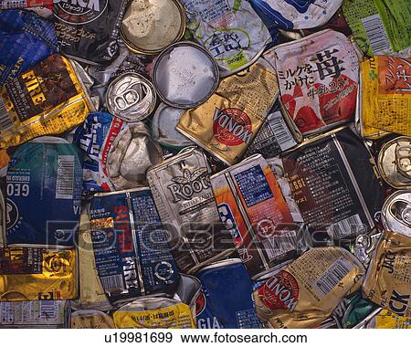 Stock Photo - Close up of crushed aluminum cans for recycling, high angle view, Full Frame. Fotosearch
