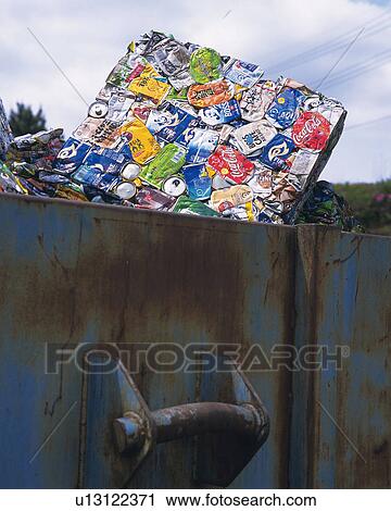 Stock Image - Crushed aluminum cans for recycling, high angle view. Fotosearch