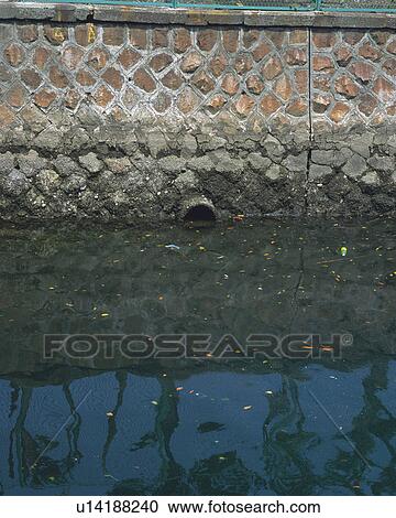 Stock Image - Culvert in river, high angle view. Fotosearch