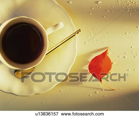 A cup of coffee and a colored leaf, Close Up, High Angle View View Large Photo Image Stock Photo - A cup of coffee and a colored leaf, Close Up, High Angle View. Fotosearch