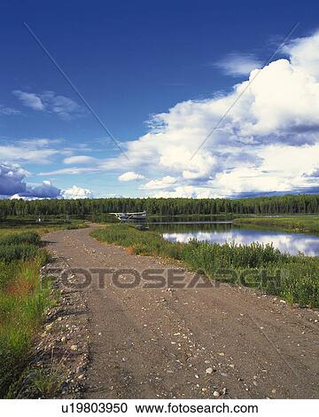 Stock Image -  a Gravel Path With a Lot of Grass and a Pond on the Side Under a Blue Sky. Fotosearch