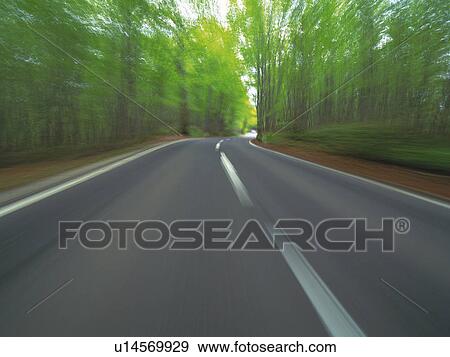 Stock Photo -  a Mountain Path, Surrounded By a Lot of Trees, Front View, Blurred Motion. Fotosearch