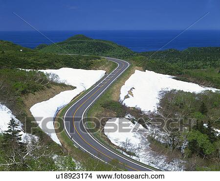 Picture -  a Mountain path Surrounded By Some Hill and Snow Right Next to the Ocean, High Angle View. Fotosearch
