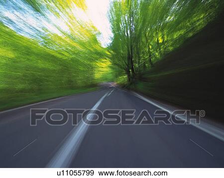 Stock Photo -  a Road, Surrounded By Several Trees, Front View, Blurred Motion. Fotosearch