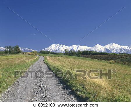 Stock Image -  a Small Gravel Path Surrounded By a Huge Grass Field and a Snowy Mountain in the Background. Fotosearch