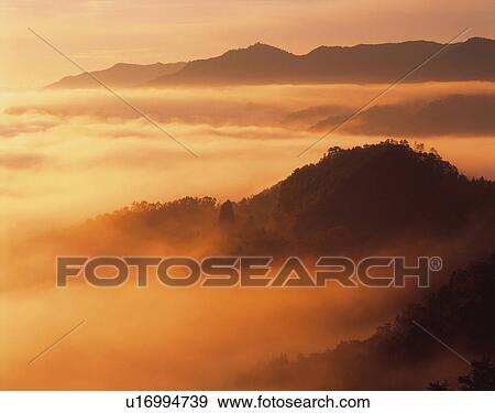 a Sea of Clouds and Some Mountains, Reflecting the Color of the Setting Sun, High Angle View View Large Photo Image Stock Photo - a Sea of Clouds and Some Mountains, Reflecting the Color of the Setting Sun, High Angle View. Fotosearch