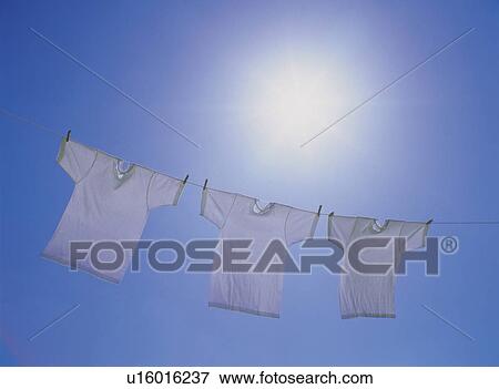 Three White T-shirts Drying Under the Sun, Low Angle View View Large Photo Image Stock Photo - Three White T-shirts Drying Under the Sun, Low Angle View. Fotosearch