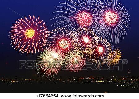 Fireworks exploding in sky, long exposure View Large Photo Image Picture - Fireworks exploding in sky, long exposure. Fotosearch