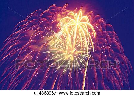 Fireworks exploding in sky, low angle view, long exposure View Large Photo Image Stock Photo - Fireworks exploding in sky, low angle view, long exposure. Fotosearch