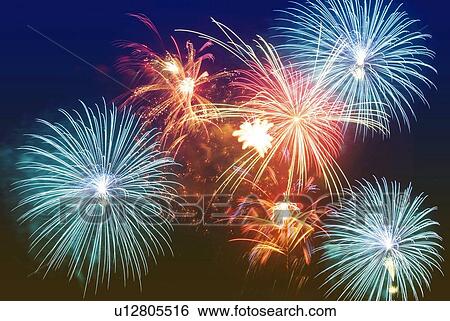 Fireworks exploding in sky, low angle view, long exposure View Large Photo Image Stock Photograph - Fireworks exploding in sky, low angle view, long exposure. Fotosearch