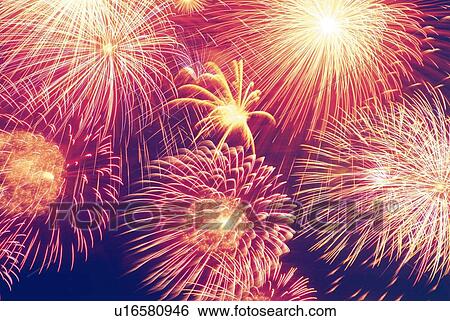 Fireworks exploding in sky, low angle view, long exposure View Large Photo Image Stock Photograph - Fireworks exploding in sky, low angle view, long exposure. Fotosearch