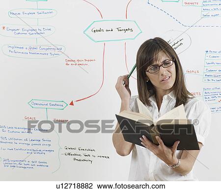 Stock Image - Woman Thinking and Reading Book by Whiteboard. Fotosearch