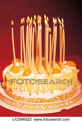 Stock Image - Birthday Cake, Burning, Candle, Dessert, Illuminated. Fotosearch