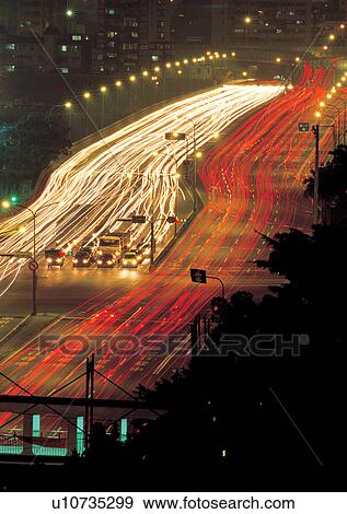 Stock Photo - Cars, Night, Land Vehicle, Illuminated, Aerial View. Fotosearch