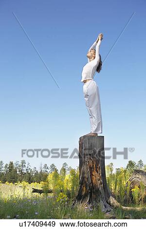 Young woman practicing yoga on tree stump View Large Photo Image Stock Photo - Young woman practicing yoga on tree stump. Fotosearch