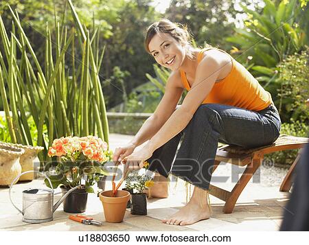 Woman planting flowers in garden View Large Photo Image Stock Image - Woman planting flowers in garden. Fotosearch