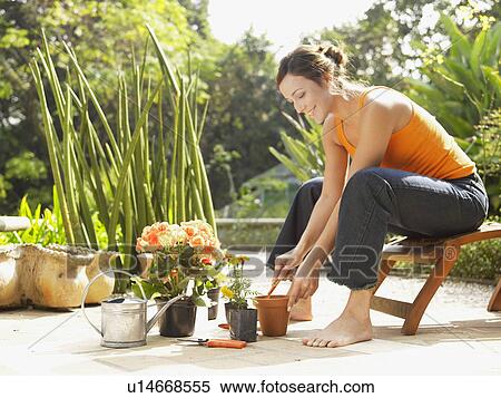 Stock Photography - Woman planting flowers in garden. Fotosearch