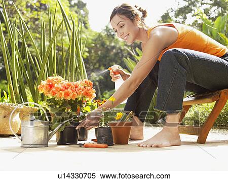 Stock Photography - Young woman spraying water on flowers (low angle view). Fotosearch