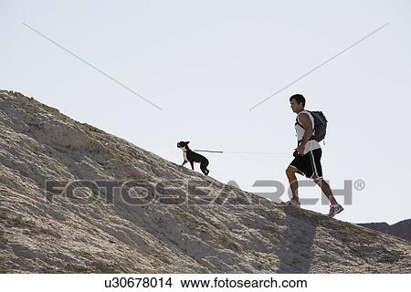 Picture - Man with dog hiking on hill. Fotosearch