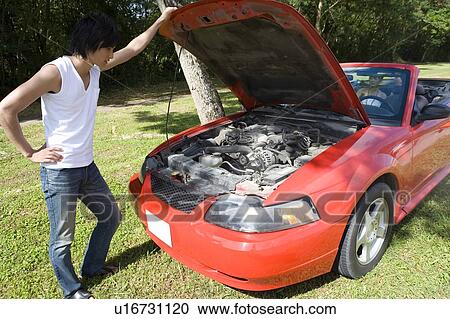Stock Image - Young man looking at car engine, Saipan, USA . Fotosearch
