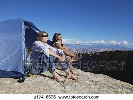 Couple Looking at View at Campsite View Large Photo Image Stock Photograph - Couple Looking at View at Campsite. Fotosearch
