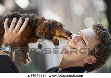 Dog licking man's face View Large Photo Image Stock Photograph - Dog licking man's face. Fotosearch