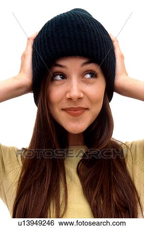 Caucasian Female Wearing Beanie Hat Stock Photograph U13949246