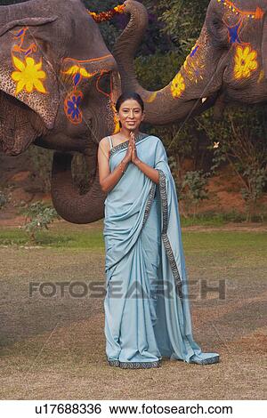 Portrait of a young woman greeting in front of two elephants View Large Photo Image Stock Photograph - Portrait of a young woman greeting in front of two elephants. Fotosearch
