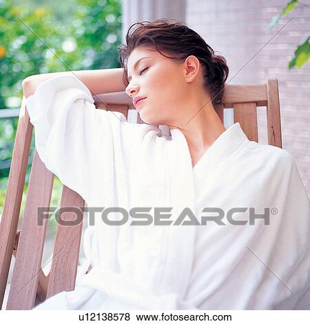 Stock Photo - Bathrobe, Brown Hair, Chair, Close-Up. Fotosearch