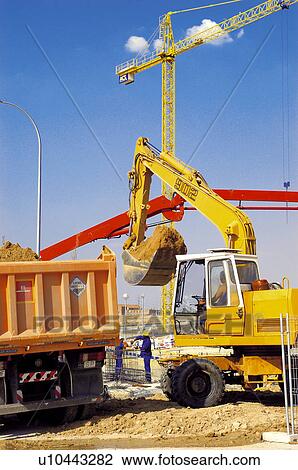 Stock Image - Construction, Building, Material, Crane, In construction, Building site, Construction site. Fotosearch