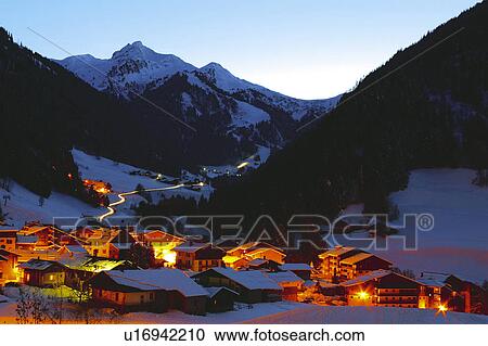Stock Image - Houses, Landscape, House, Village, Night, Hut, Alps. Fotosearch