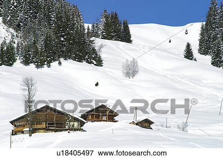 Stock Photo - Landscape of snow, Landscape, Landscapes of snow, Winter, Snow, House, Alps. Fotosearch