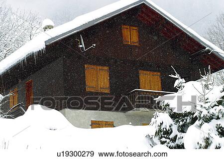 Stock Photo - Landscape of snow, Landscape, Landscapes of snow, Winter, Snow, House, Alps. Fotosearch