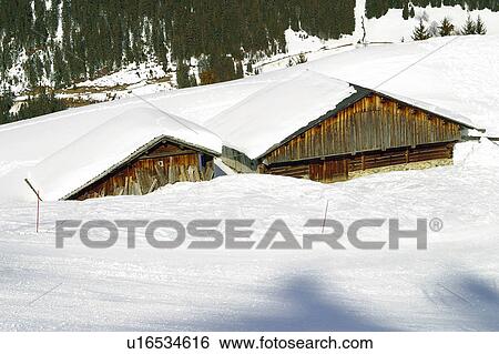 Stock Photograph - Landscape of snow, Landscape, Landscapes of snow, Winter, Snow, House, Alps. Fotosearch