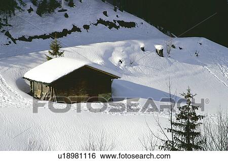 Stock Photograph - Landscape of snow, Landscape, Landscapes of snow, Winter, Snow, House, Alps. Fotosearch
