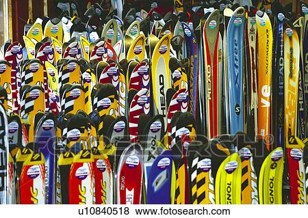 Stock Photo - Snow details, Ski, Ski equipment, Shop, Snowboard, Snow board, Snow boarding. Fotosearch