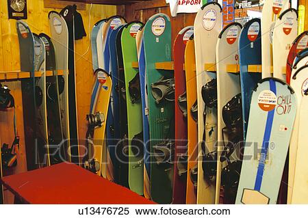 Stock Photography - Snow details, Ski, Ski equipment, Shop, Snowboard, Snow board, Snow boarding. Fotosearch