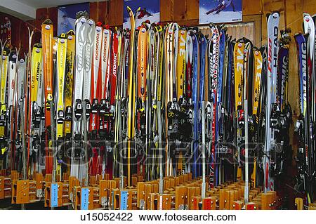 Stock Image - Snow details, Ski, Ski equipment, Skis, Shop, Pile, Pile of skis. Fotosearch