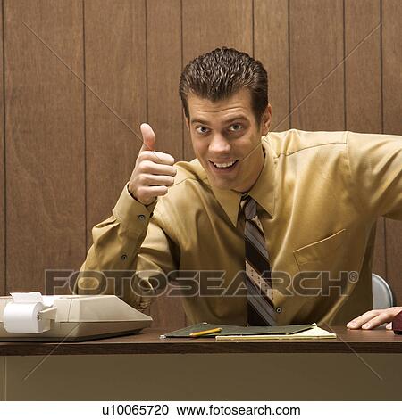 Caucasion mid-adult retro businessman sitting at desk giving overenthusiastic thumbs up. View Large Photo Image Stock Image - Caucasion mid-adult retro businessman sitting at desk giving overenthusiastic thumbs up.. Fotosearch