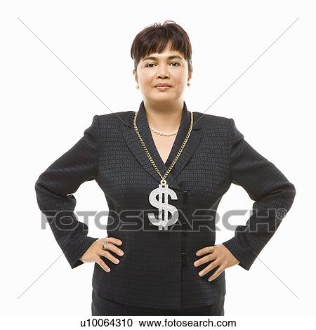 Filipino middle-aged businesswoman wearing chain necklace with oversized dollar sign. View Large Photo Image Stock Image - Filipino middle-aged businesswoman wearing chain necklace with oversized dollar sign.. Fotosearch