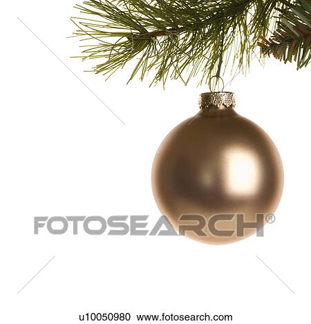 Stock Image - Still life of gold Christmas ornament hanging from pine branch.. Fotosearch