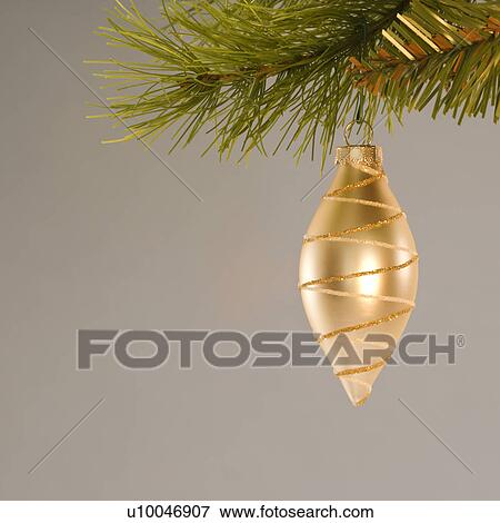 Still life of gold Christmas ornament hanging from pine branch. View Large Photo Image Stock Photo - Still life of gold Christmas ornament hanging from pine branch.. Fotosearch