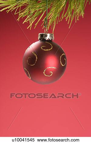 Still life of red Christmas ornament hanging from pine branch. View Large Photo Image Stock Photography - Still life of red Christmas ornament hanging from pine branch.. Fotosearch