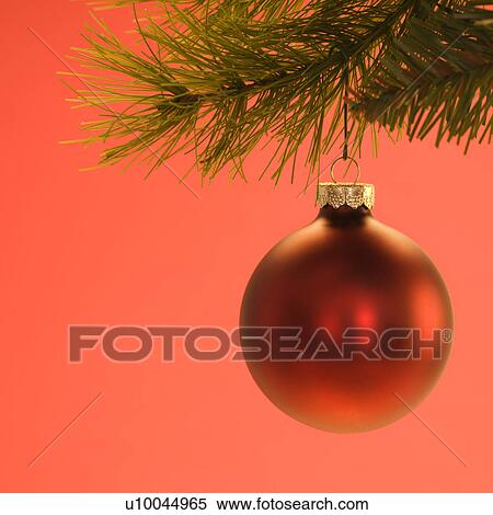 Stock Photography - Still life of red Christmas ornament hanging from pine branch.. Fotosearch